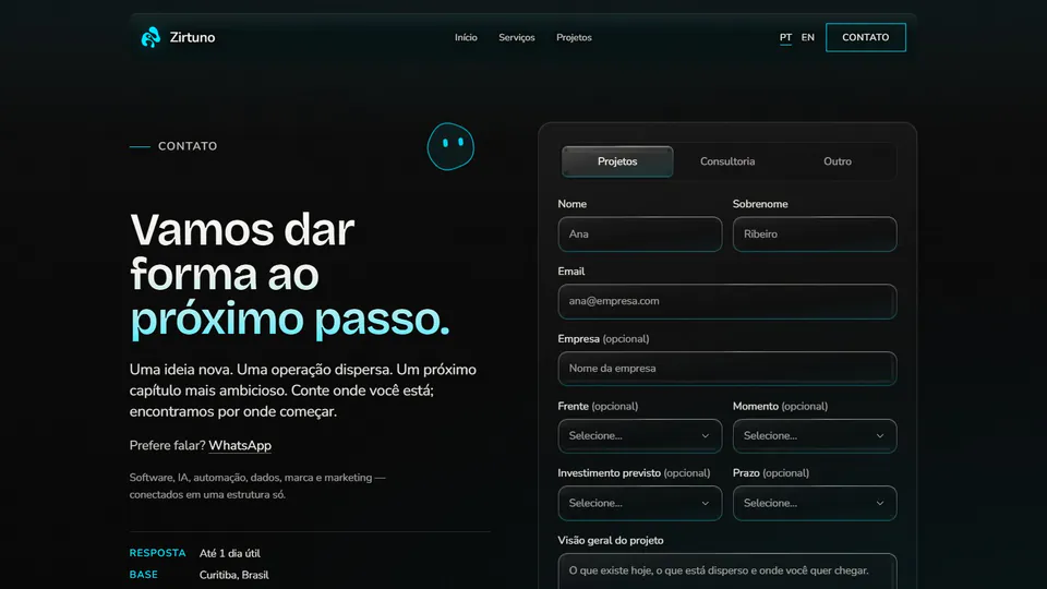 Página de contato da Zirtuno
